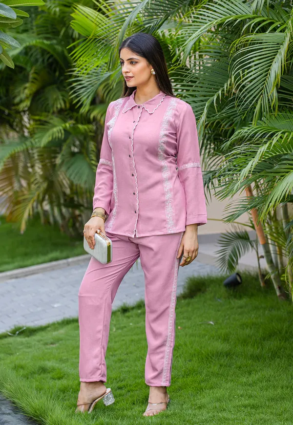 Pink_Viscose_Slub_Shirt_With_Trouser_Co-Ords_For_Women-IRIS