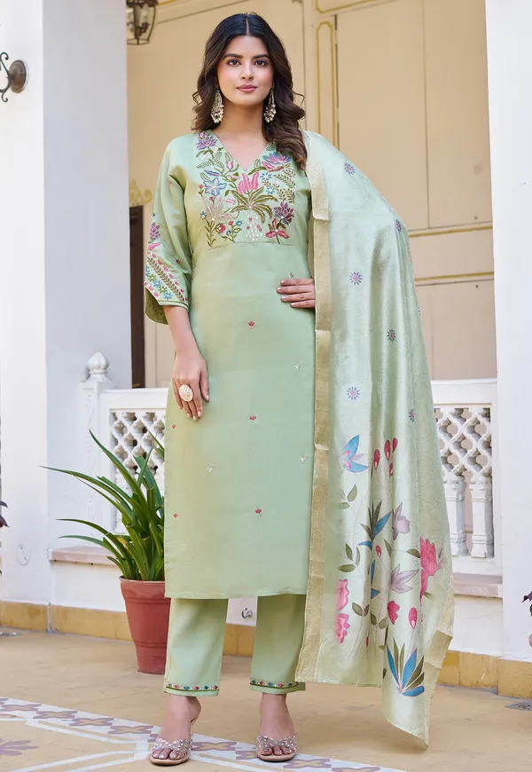 Sea_Green_Mul_Chanderi_With_Thread_Work_&_Khatli_Work_Kurta_With_Trouser_&_With_Dupatta_For_Women-IV-1022
