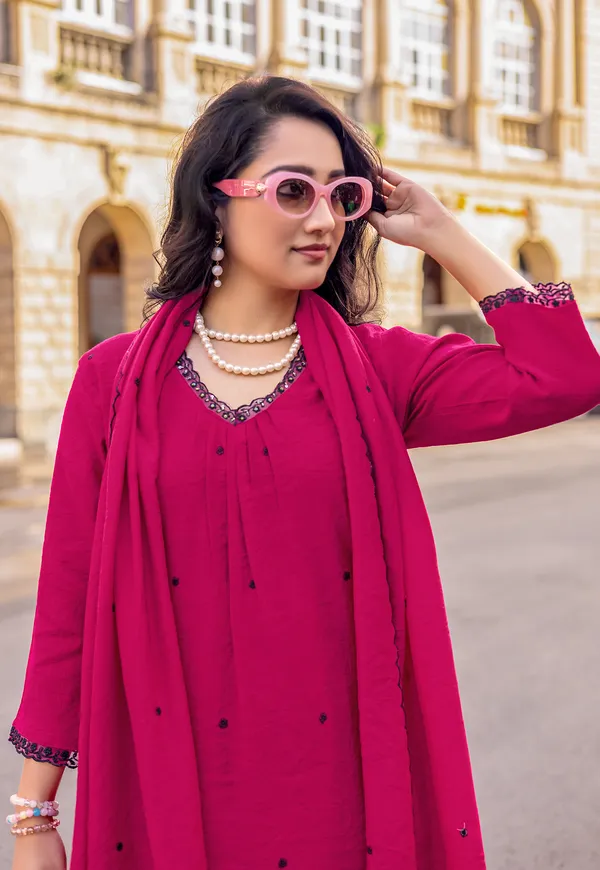 Pink_Viscos_Slub_Thread_&_Hand_Work_Kurta_&_Pant_With_Dupatta_For_Women-KESARIYA