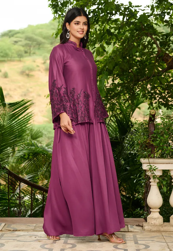 Magenta_Ethnic_Motifs_Embroidered_Empire_Thread_Work_A-Line_Kurta_With_Palazzos_For_Women-LUVIKA