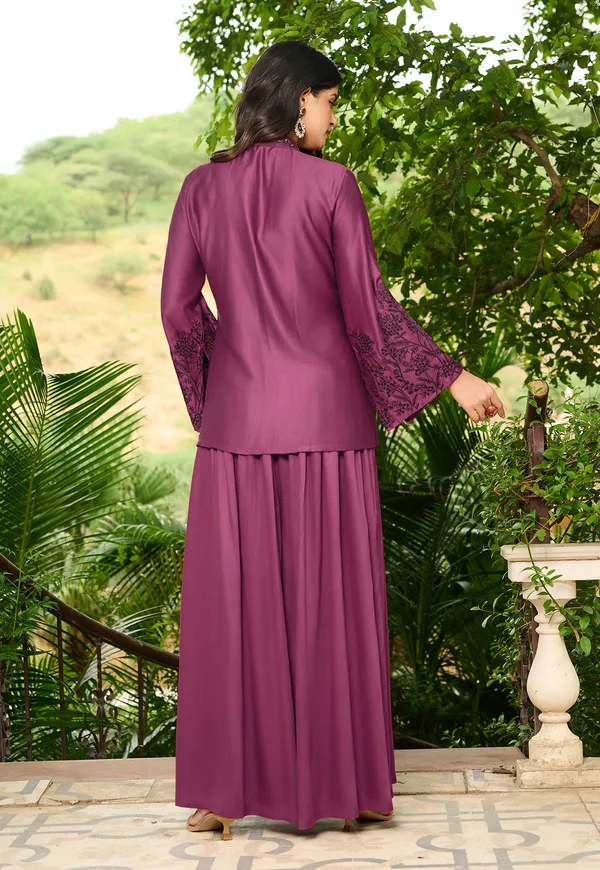 Magenta_Ethnic_Motifs_Embroidered_Empire_Thread_Work_A-Line_Kurta_With_Palazzos_For_Women-LUVIKA