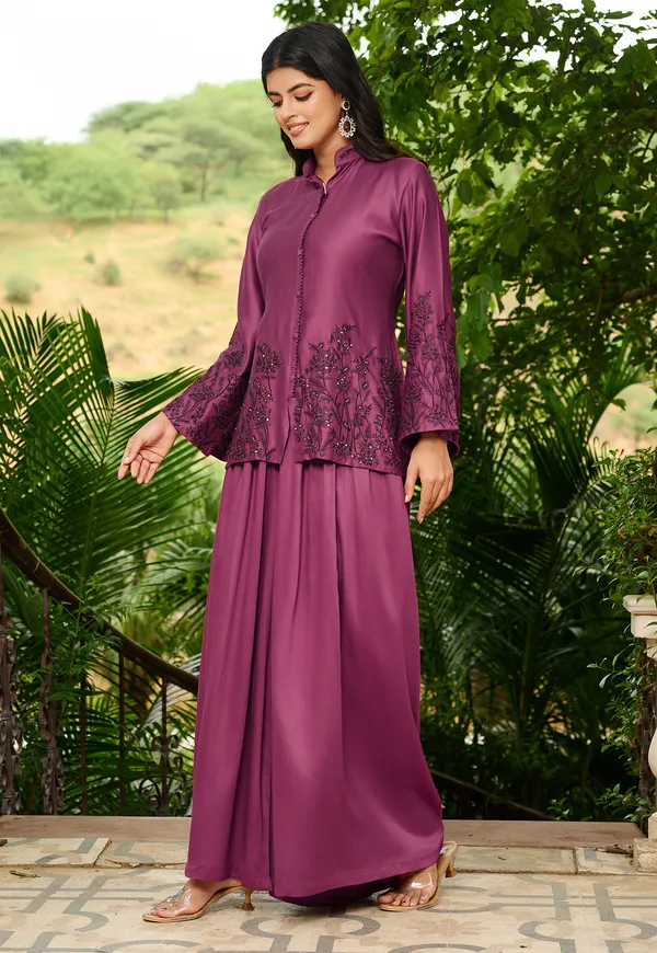 Magenta_Ethnic_Motifs_Embroidered_Empire_Thread_Work_A-Line_Kurta_With_Palazzos_For_Women-LUVIKA