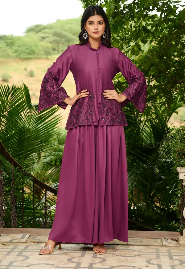 Magenta_Ethnic_Motifs_Embroidered_Empire_Thread_Work_A-Line_Kurta_With_Palazzos_For_Women-LUVIKA