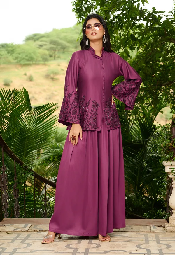 Magenta_Ethnic_Motifs_Embroidered_Empire_Thread_Work_A-Line_Kurta_With_Palazzos_For_Women-LUVIKA