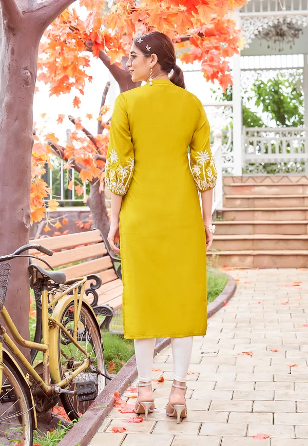 Yellow_Embroidered_&_Rayon_Straight_Kurti_For_Women-MEHER