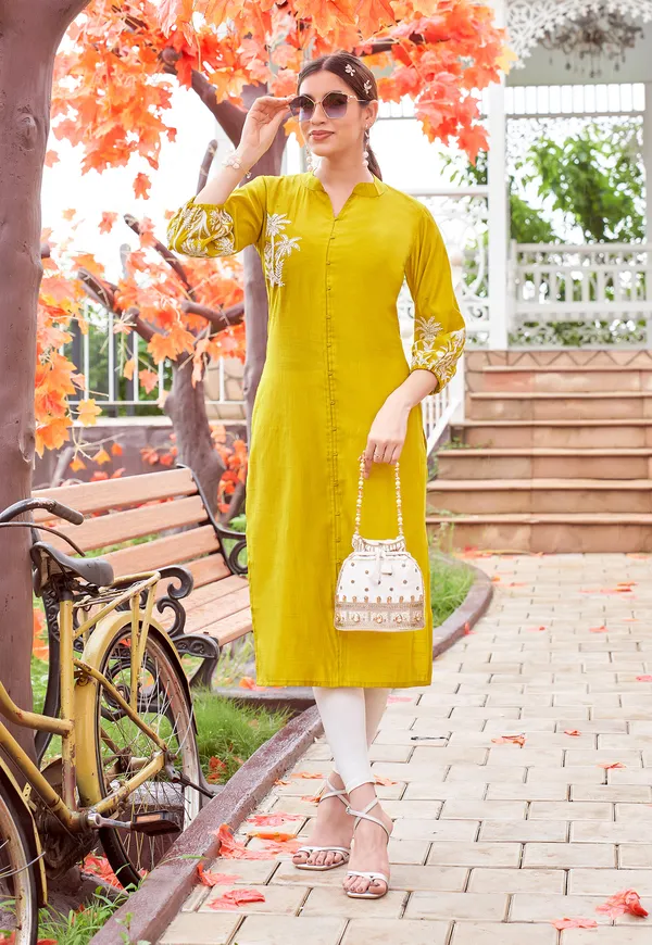 Yellow_Embroidered_&_Rayon_Straight_Kurti_For_Women-MEHER