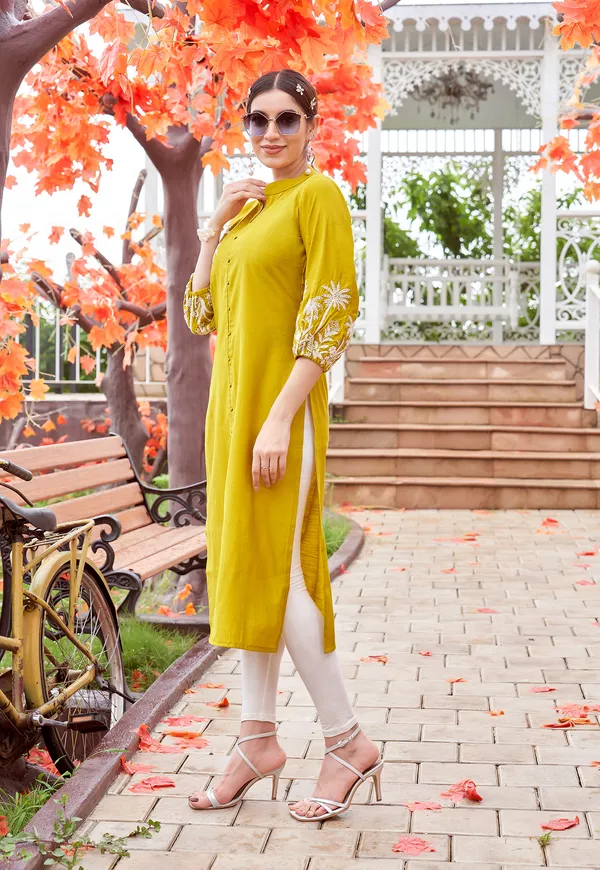 Yellow_Embroidered_&_Rayon_Straight_Kurti_For_Women-MEHER