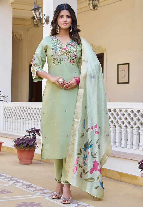 Sea_Green_Mul_Chanderi_With_Thread_Work_&_Khatli_Work_Kurta_With_Trouser_&_With_Dupatta_For_Women-IV-1022