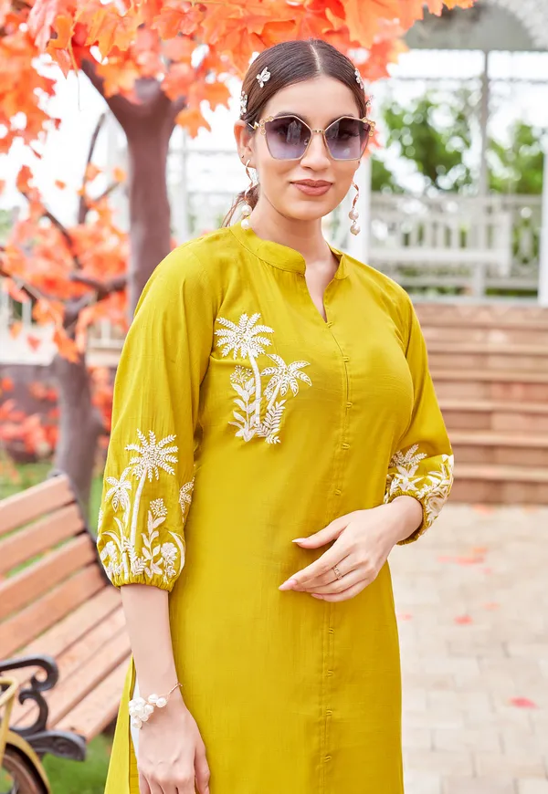 Yellow_Embroidered_&_Rayon_Straight_Kurti_For_Women-MEHER
