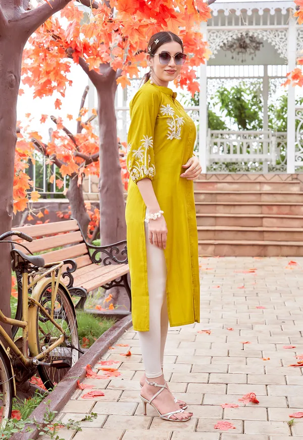 Yellow_Embroidered_&_Rayon_Straight_Kurti_For_Women-MEHER