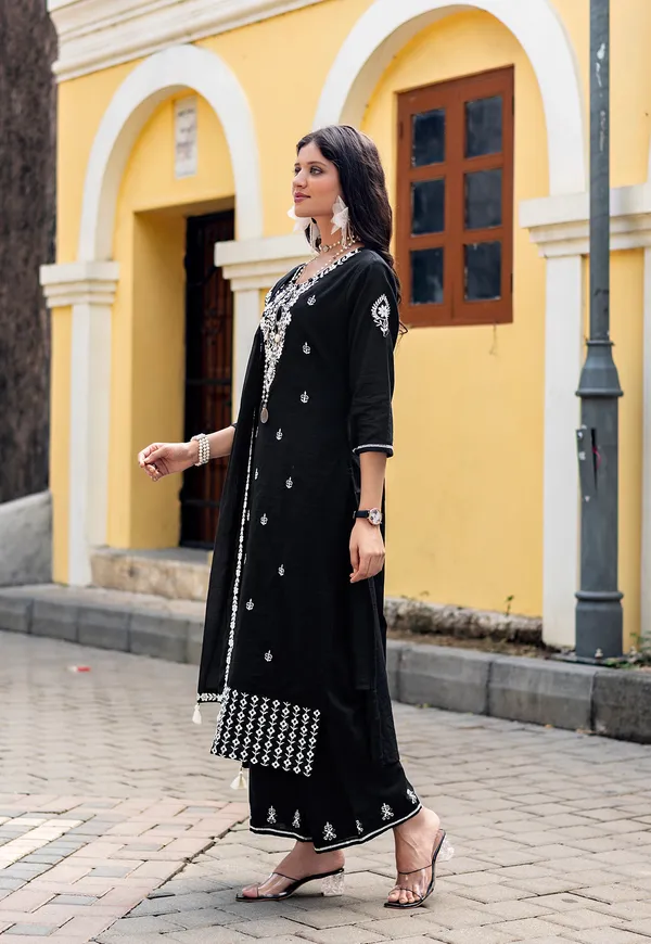 Black_Salli_Pure_Cotton_Regular_Hand_&_Threadwork_Kurta_With_Trousers_&_With_Dupatta_For_Women-AARYA