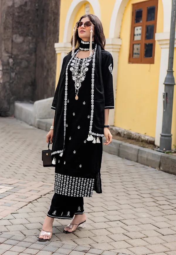 Black_Salli_Pure_Cotton_Regular_Hand_&_Threadwork_Kurta_With_Trousers_&_With_Dupatta_For_Women-AARYA