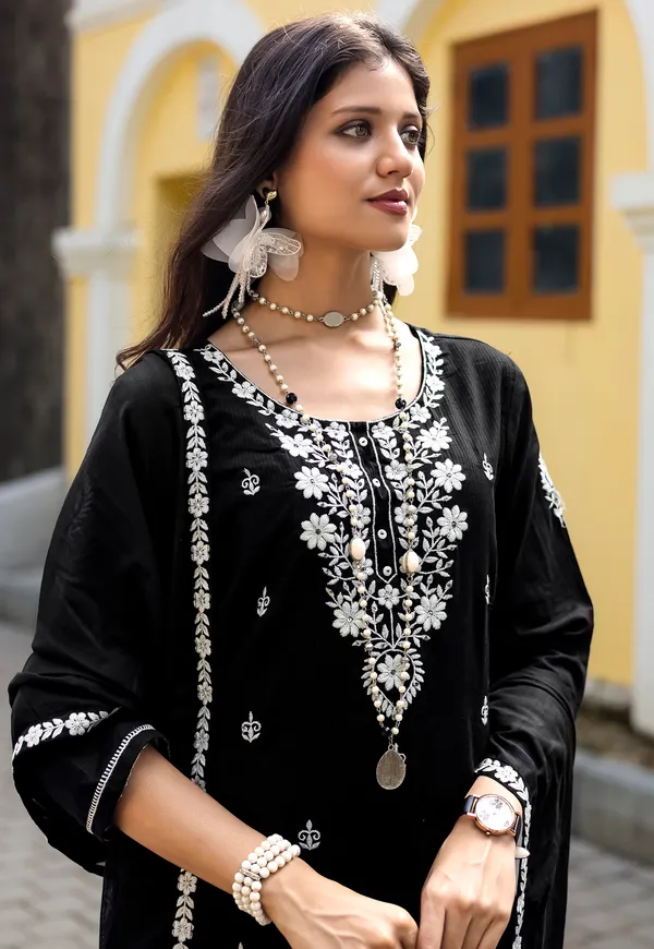 Black_Salli_Pure_Cotton_Regular_Hand_&_Threadwork_Kurta_With_Trousers_&_With_Dupatta_For_Women-AARYA