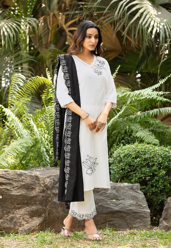 White_Thread_&_Hand_Work_Viscose_Weaving_Kurta_With_Trouser_&_Dupatta_For_Women-ELITE