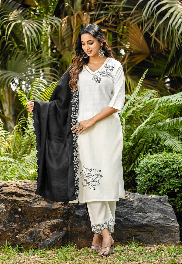 White_Thread_&_Hand_Work_Viscose_Weaving_Kurta_With_Trouser_&_Dupatta_For_Women-ELITE