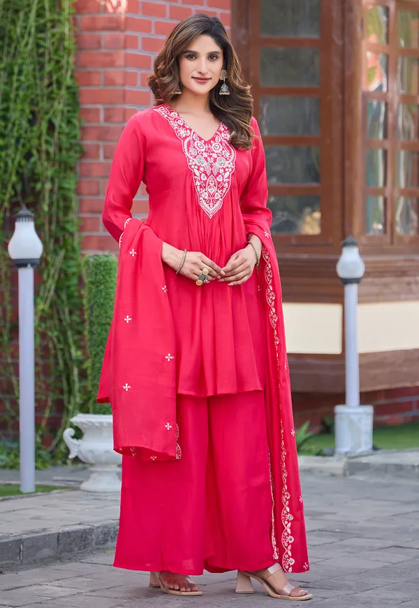 Women_Ethnic_Motifs_Embroidered_Tiered_Thread_Work_Chanderi_Silk_Kurta_with_Palazzos_&_With_Dupatta-KS-191