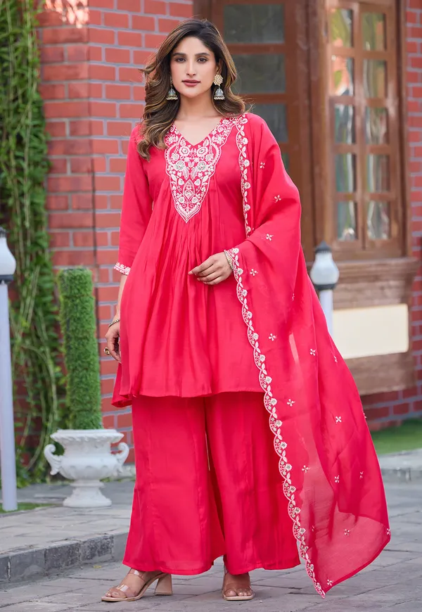 Women_Ethnic_Motifs_Embroidered_Tiered_Thread_Work_Chanderi_Silk_Kurta_with_Palazzos_&_With_Dupatta-KS-191