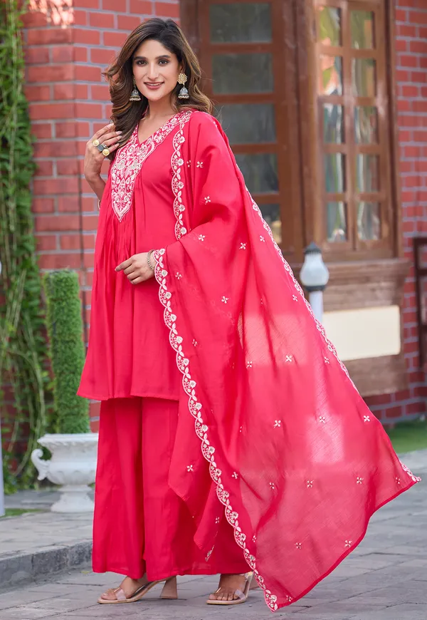 Women_Ethnic_Motifs_Embroidered_Tiered_Thread_Work_Chanderi_Silk_Kurta_with_Palazzos_&_With_Dupatta-KS-191