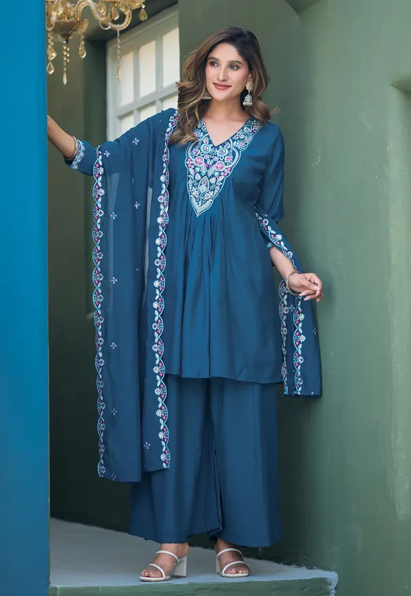 Women_Ethnic_Motifs_Embroidered_Tiered_Thread_Work_Chanderi_Silk_Kurta_with_Palazzos_&_With_Dupatta-KS-192