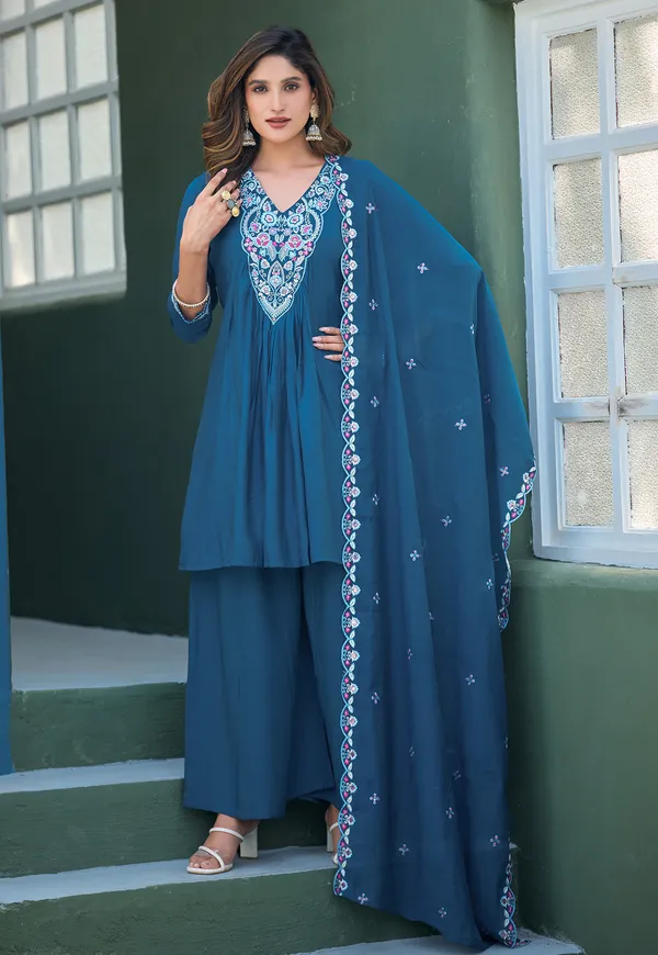 Women_Ethnic_Motifs_Embroidered_Tiered_Thread_Work_Chanderi_Silk_Kurta_with_Palazzos_&_With_Dupatta-KS-192