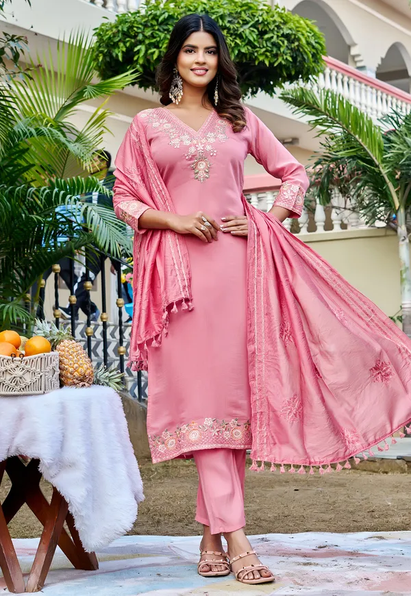 Women_Floral_Embroidered_Empire_Thread_Work_Chanderi_Cotton_Kurta_with_Pant_&_With_Dupatta-KS-247