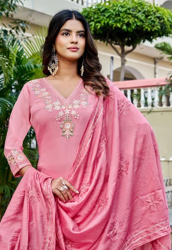 Women_Floral_Embroidered_Empire_Thread_Work_Chanderi_Cotton_Kurta_with_Pant_&_With_Dupatta-KS-247