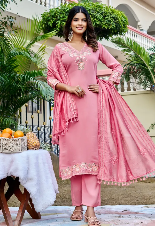 Women_Floral_Embroidered_Empire_Thread_Work_Chanderi_Cotton_Kurta_with_Pant_&_With_Dupatta-KS-247