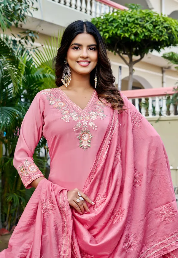 Women_Floral_Embroidered_Empire_Thread_Work_Chanderi_Cotton_Kurta_with_Pant_&_With_Dupatta-KS-247