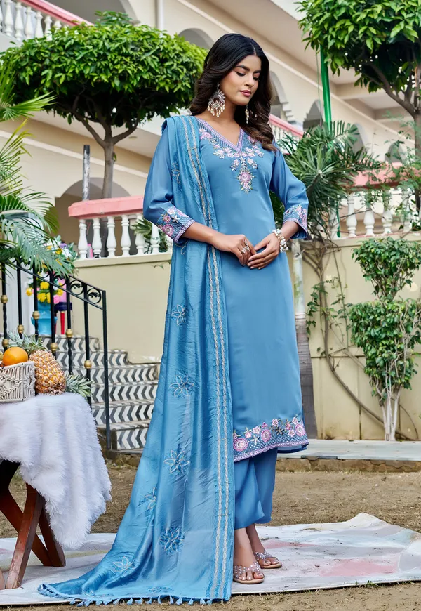 Women_Floral_Embroidered_Empire_Thread_Work_Chanderi_Cotton_Kurta_with_Pant_&_With_Dupatta-KS-249
