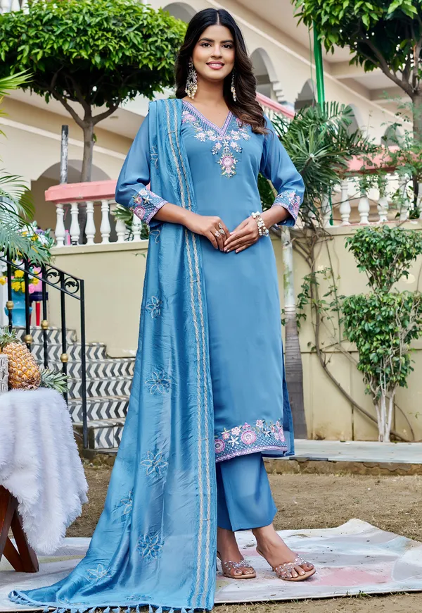 Women_Floral_Embroidered_Empire_Thread_Work_Chanderi_Cotton_Kurta_with_Pant_&_With_Dupatta-KS-249