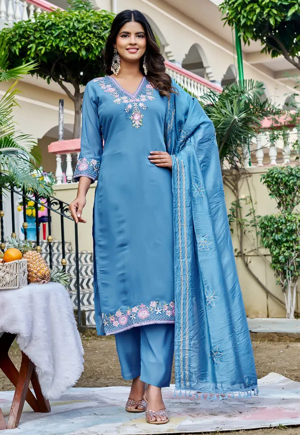 Women_Floral_Embroidered_Empire_Thread_Work_Chanderi_Cotton_Kurta_with_Pant_&_With_Dupatta-KS-249