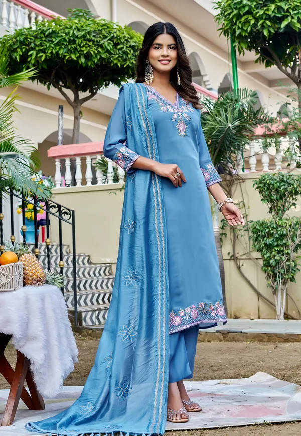Women_Floral_Embroidered_Empire_Thread_Work_Chanderi_Cotton_Kurta_with_Pant_&_With_Dupatta-KS-249