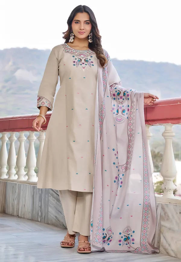 Women_Floral_Embroidered_Empire_Thread_Work_Dhabu_Cotton_Kurta_Pant_With_Dupatta-KS-267