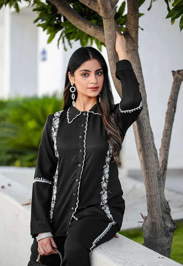 Black_Viscose_Slub_Shirt_With_Trouser_Co-Ords_For_Women-IRIS