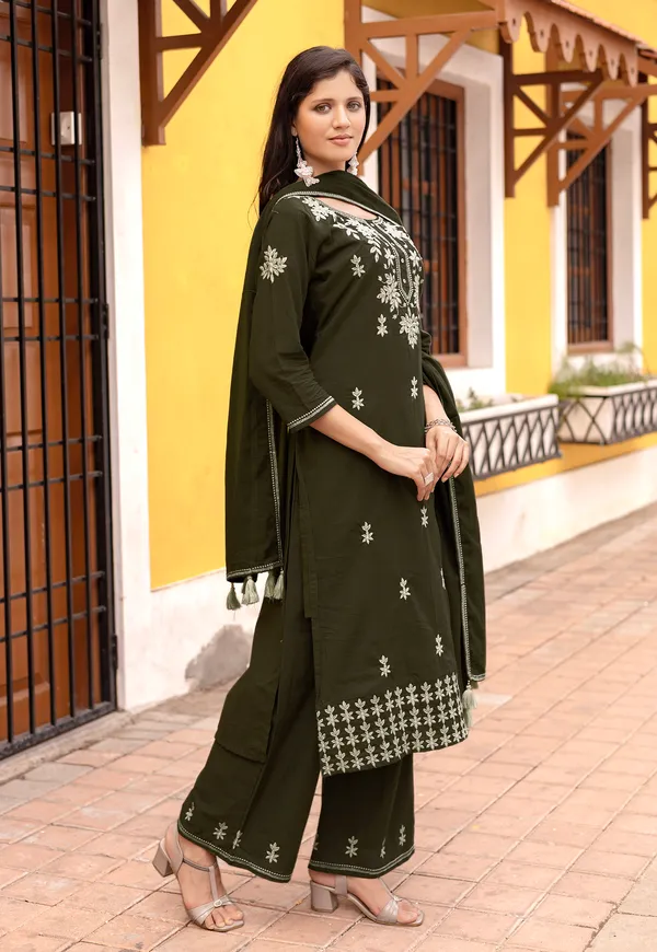 Mahendi_Green_Salli_Pure_Cotton_Regular_Hand_&_Threadwork_Kurta_With_Trousers_&_With_Dupatta_For_Women-AARYA
