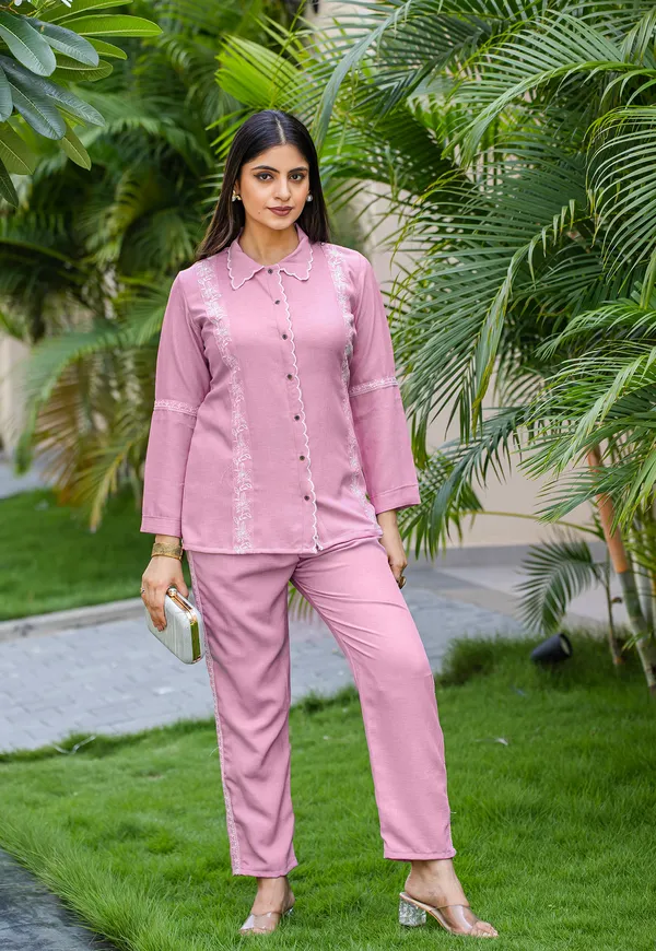 Pink_Viscose_Slub_Shirt_With_Trouser_Co-Ords_For_Women-IRIS