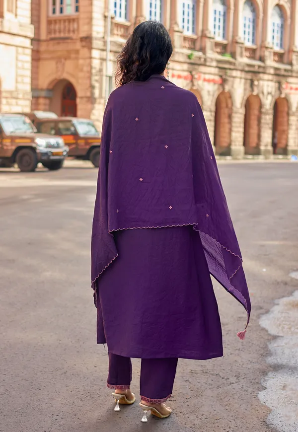 Purple_Viscos_Slub_Thread_&_Hand_Work_Kurta_&_Pant_With_Dupatta_For_Women-KESARIYA