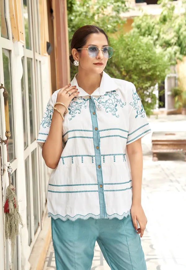 Turquoise_Embroidered_Pure_Cotton_Shirt_With_Trousers_Co-Ords_For_Women-BLIZZ