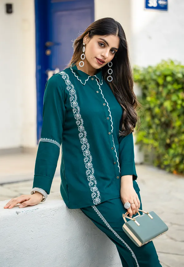 Green_Viscose_Slub_Shirt_With_Trouser_Co-Ords_For_Women-IRIS