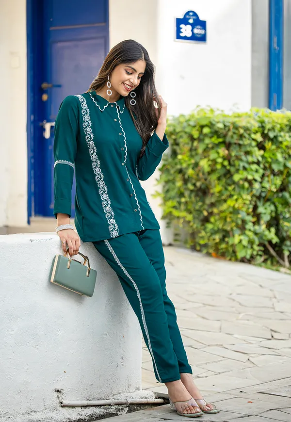 Green_Viscose_Slub_Shirt_With_Trouser_Co-Ords_For_Women-IRIS