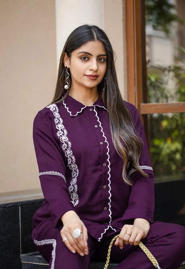 Purple_Viscose_Slub_Shirt_With_Trouser_Co-Ords_For_Women-IRIS