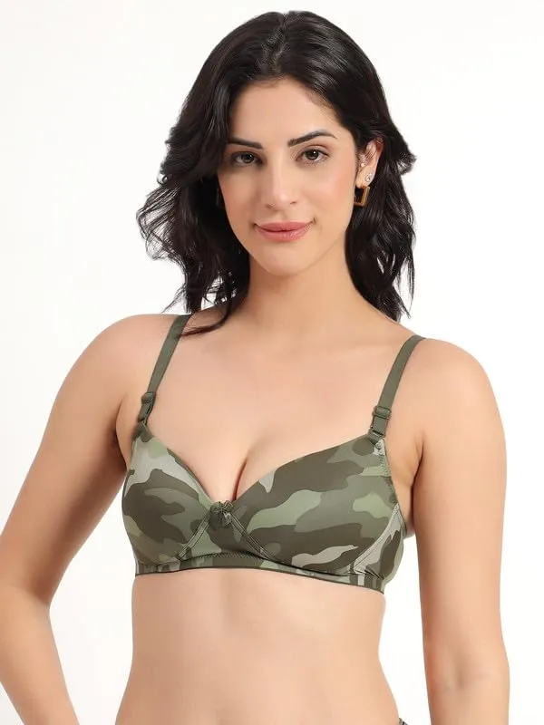 Green_Printed_Wirefree_Push_Up_Bra_Lightly_Padded_3/4_Coverage_Bra_For_Women_Spandex_Stretchable_Fabric_Removable_Straps