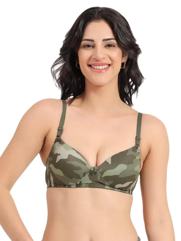 Green_Printed_Wirefree_Push_Up_Bra_Lightly_Padded_3/4_Coverage_Bra_For_Women_Spandex_Stretchable_Fabric_Removable_Straps