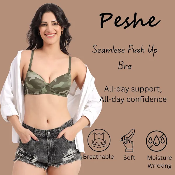 Green_Printed_Wirefree_Push_Up_Bra_Lightly_Padded_3/4_Coverage_Bra_For_Women_Spandex_Stretchable_Fabric_Removable_Straps