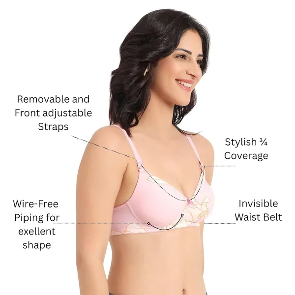 Rose_Pink_Lightly_Padded_Printed_Bra_Removable_Straps_Spandex_Stretchable_3/4_Coverage_Bra_For_Women