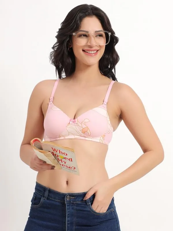 Rose_Pink_Lightly_Padded_Printed_Bra_Removable_Straps_Spandex_Stretchable_3/4_Coverage_Bra_For_Women