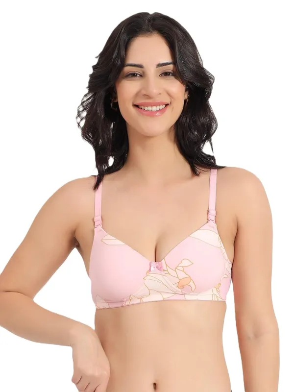 Rose_Pink_Lightly_Padded_Printed_Bra_Removable_Straps_Spandex_Stretchable_3/4_Coverage_Bra_For_Women