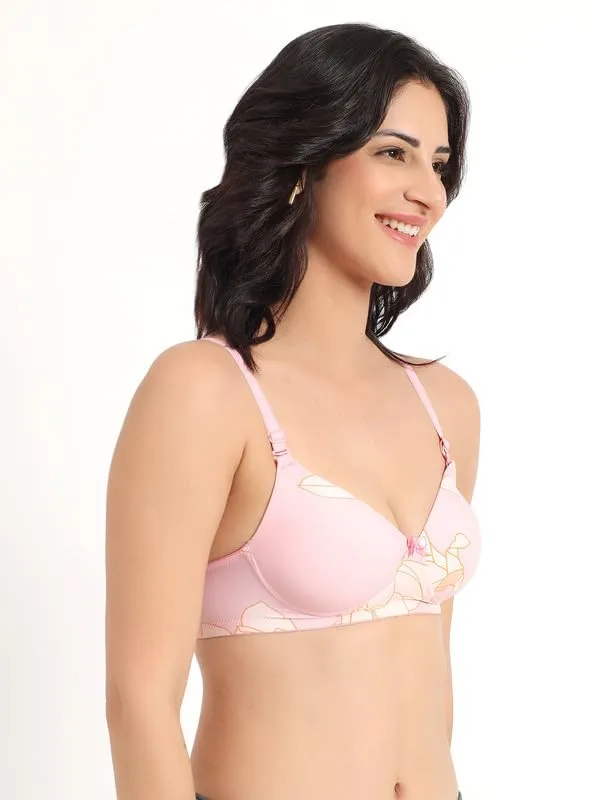 Rose_Pink_Lightly_Padded_Printed_Bra_Removable_Straps_Spandex_Stretchable_3/4_Coverage_Bra_For_Women