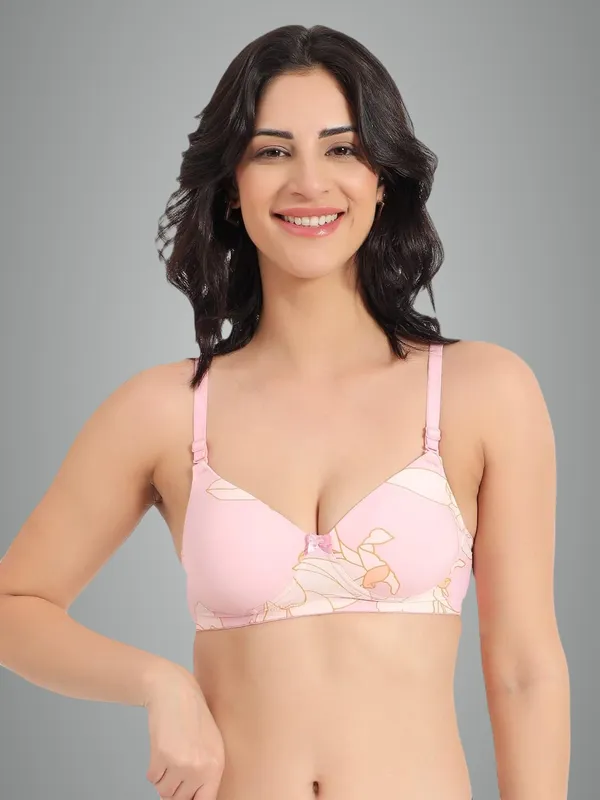Rose_Pink_Lightly_Padded_Printed_Bra_Removable_Straps_Spandex_Stretchable_3/4_Coverage_Bra_For_Women