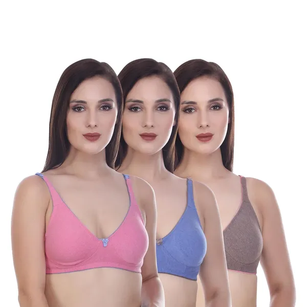 Pack_Of_3_Blue,_Pink_&_Brown_Cotton_Blend_T-Shirt_Bra_Combo_Full_Coverage_Non_Padded_Non_Wired_Adjustable_Straps_Comfortable_Everyday_Bra